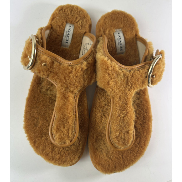 Coach Hollie Flip Flops Plush Shearling Slip On Thong Sandals Butterscotch Sz 9B - Picture 13 of 14